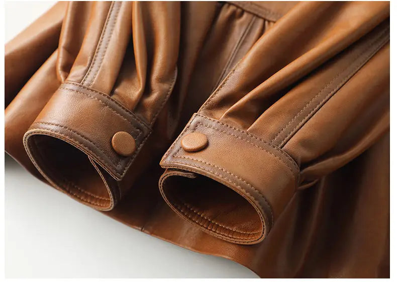 Vintage Brown Real Sheepskin Leather Jacket for Women – Lapel Collar Belted Design, First-Layer Leather, Casual Fashion Outerwear