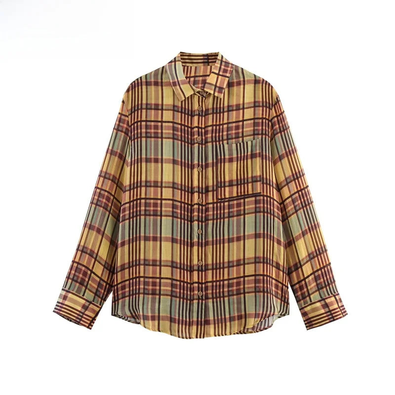 Spring New Women’s Fashionable Linen Plaid Shirt – Loose Fit French Style, Polyester Fiber, Long Sleeve, Non-Shrink
