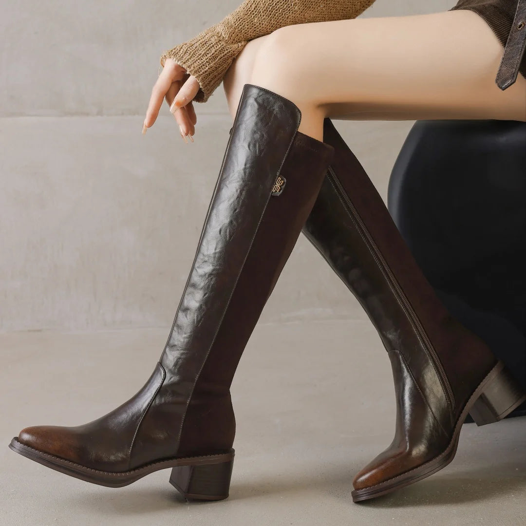 Women’s Genuine Leather & Flock Patchwork Knee-High Knight Boots – Side Zip, 5cm Thick Medium Heel, Casual Autumn Winter Long Boots