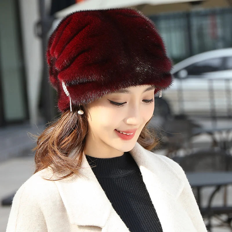 Whole Real Mink Fur Hat For Women's Caps Luxury Fashion Brand Real Fur Cap Christmas Hat Warm In Russian Winter Lady Fur Hat