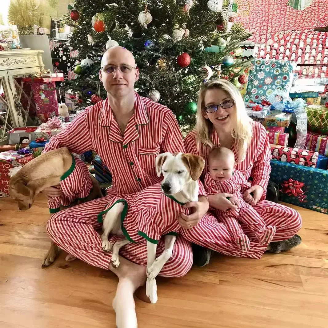 Christmas Family Matching Pajamas Set — Striped Print Button Shirt & Pants for Mom, Dad, Kids, and Baby