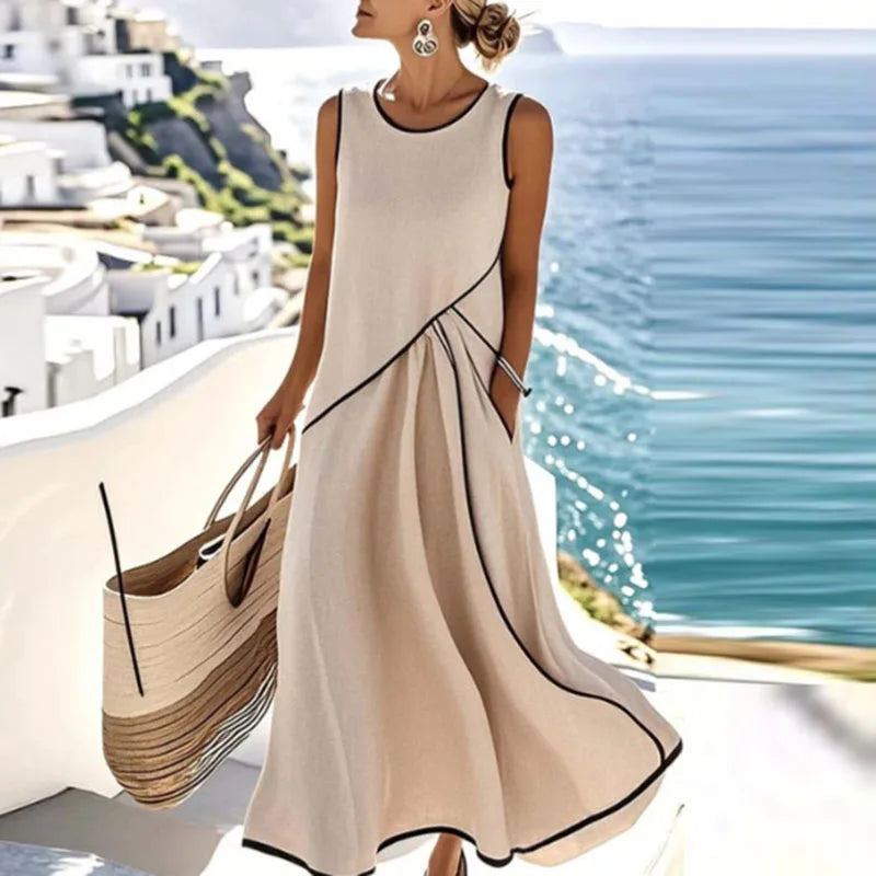 Elegant Striped Print V-Neck Maxi Dress – Short Sleeve Boho Casual Summer Beach A-Line