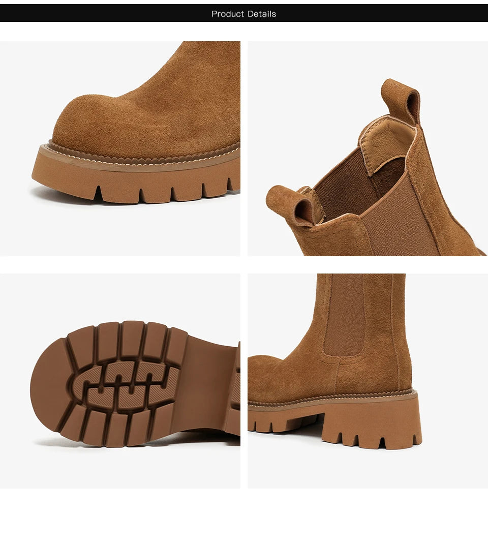 Women’s Cow Suede Platform Chelsea Ankle Boots – Round Toe with Elastic Band and Stitching Design