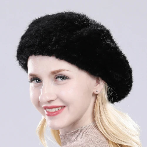Hot Sale Winter Lady Natural Mink Fur Beanies Hat Knit Warm Striped Genuine Mink Fur Caps Women Good Elastic Real Mink Fur Hat