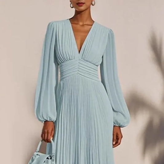 Sexy V-Neck High Waist Pleated Long Dress – Elegant Autumn Long Sleeve Party Dress for Women - HER SHOP