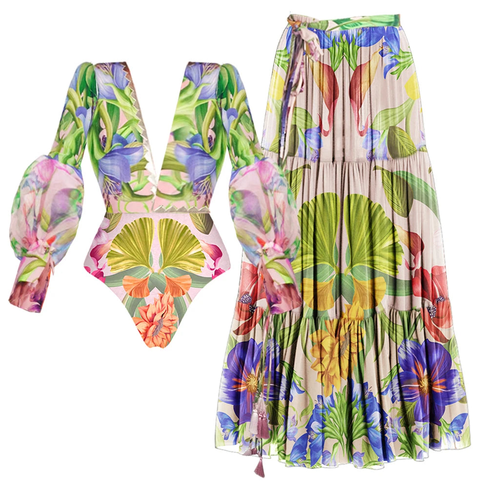 Jungle Green Deep V One-Piece Swimsuit with Skirt