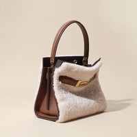 2025 Winter Fashion Women's Handbag – Fluffy Wool Fur Lambswool Tote with Real Leather Flap, Small Shoulder Bag in Khaki