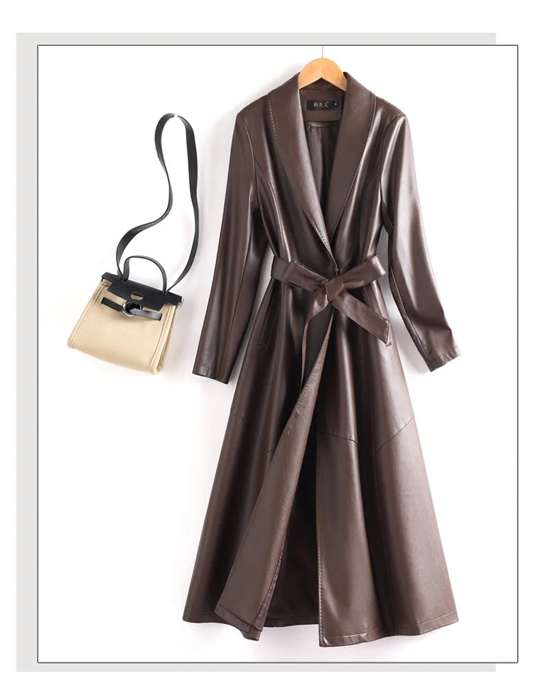 New Elegant Women’s Split Leather Trench Coat | Slim Waist Belted Long Coat with Suit Collar | Spring & Autumn Fashion Casual Outerwear