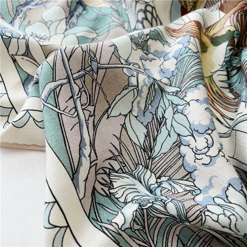 Women’s Large Square Wool & Silk Blanket Scarf – Double-Sided Printed Shawl Cape, 130×130cm