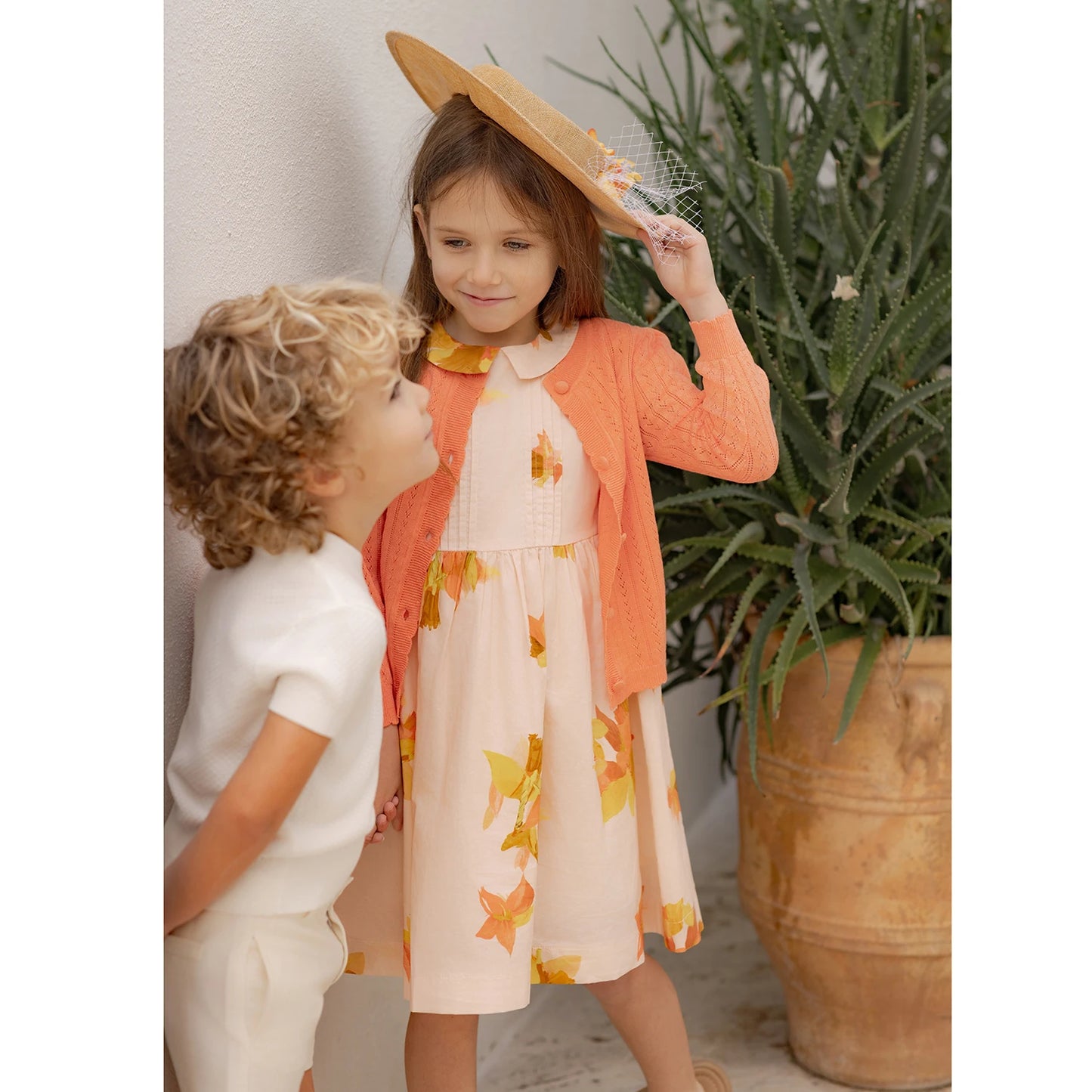 Spanish Sunset Collection SS26 Girls Puff Sleeves Dress Embroidery Sweater Boy V-neck Blazer Brothers Sisters Family Matching