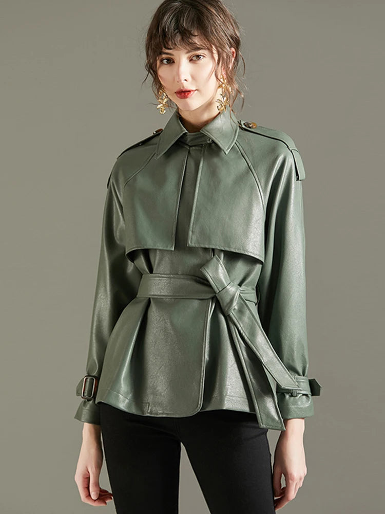 Women'sFaux Leather PU Jacket  –  Green Lapel Belted Coat, Loose Office Lady Outwear
