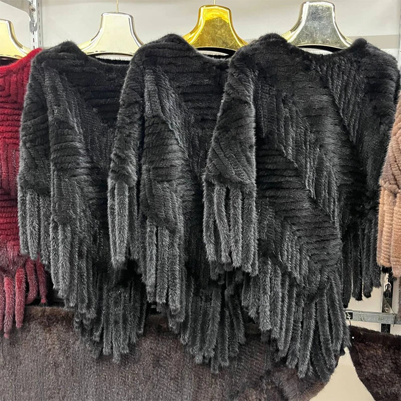 Women’s Real Mink Fur Knitted Cape – Luxury Striped Pullover Fur Coat with Tassel Trim, Warm & Elegant Overcoat