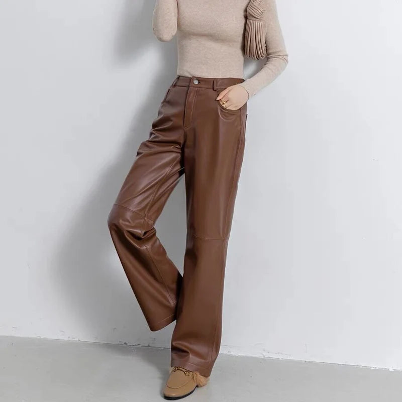 Leather Long Pants Women New Commuter Waist Slim Sheepskin Wide Leg Full Length Straight Cylinder Trousers - HER SHOP