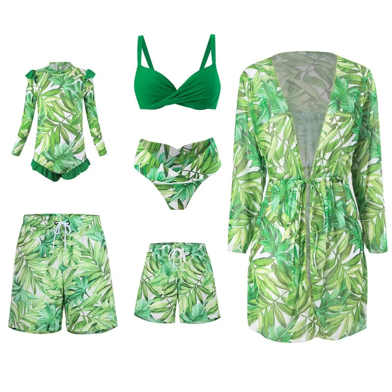 Leaf Print Swimwear Family Matching Outfits Look Mother Daughter Bikini Swimsuits Mommy and Me Clothes Dad Son Swimming Trunks