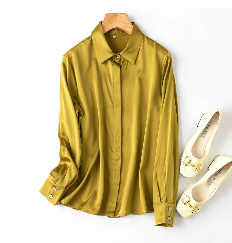 Women's 93% Mulberry Silk 7% Spandex 19 momme satin Silk Buttons down long sleeve shirt Top Blouse office work M L XL MM161