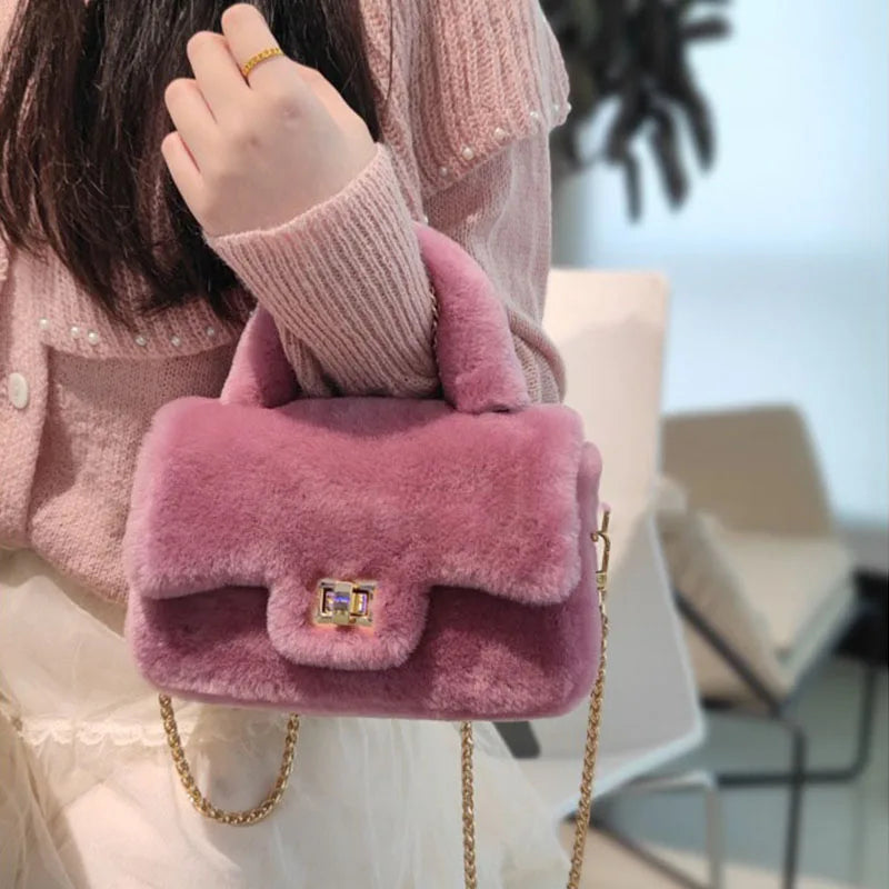 Lamb Fur Women’s Small Handbag – Soft Plush Chain Shoulder Bag & Fluffy Everyday Clutch - HER SHOP