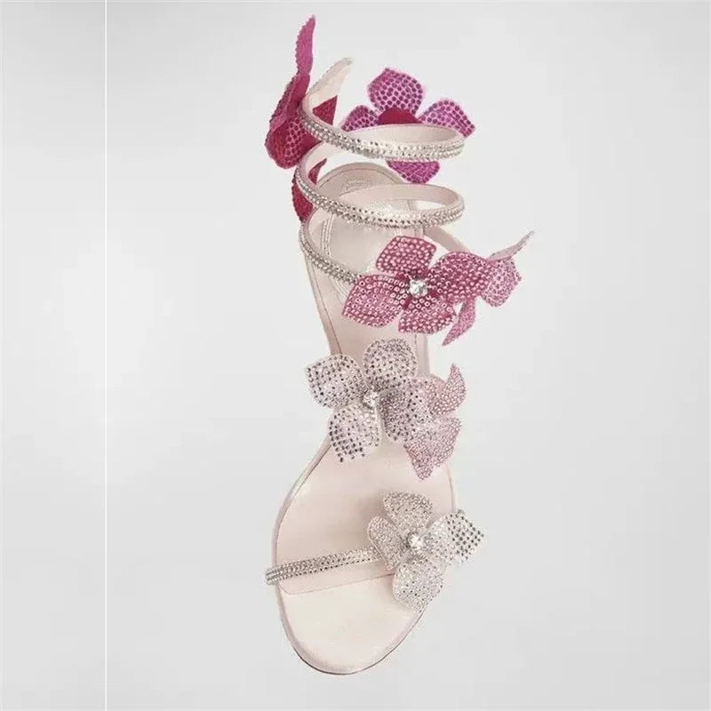 Sexy Crystal Flower High Heel Sandals for Women – Street Style Narrow Band Ankle Strap Party & Dance Shoes