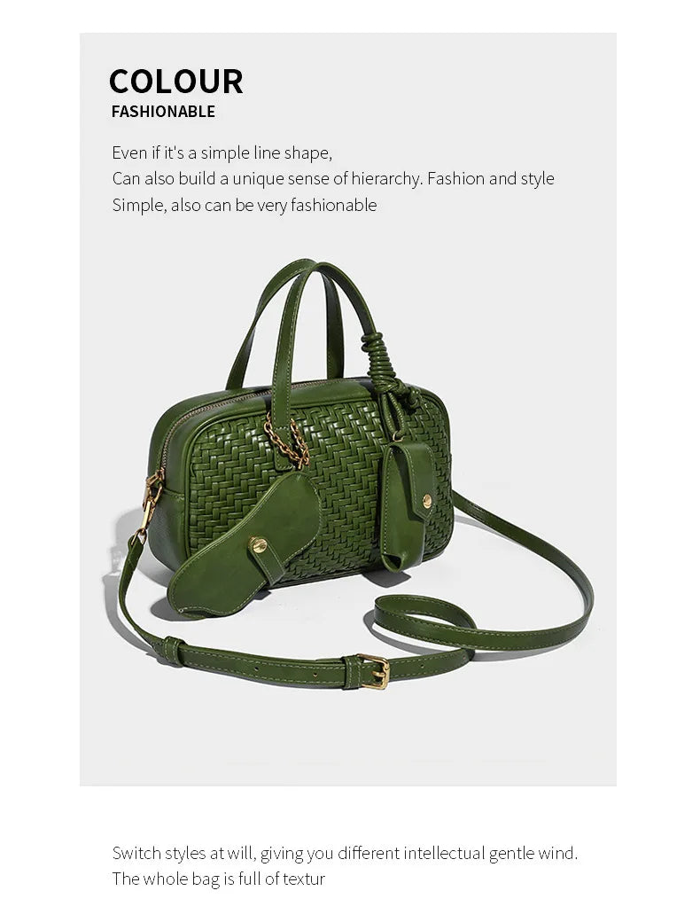 Women's Boston Bag 2025 Fall Winter New Woven Bowling Bag Unique Design Handheld Pack Trendy Light Luxury PU Leather Handbag