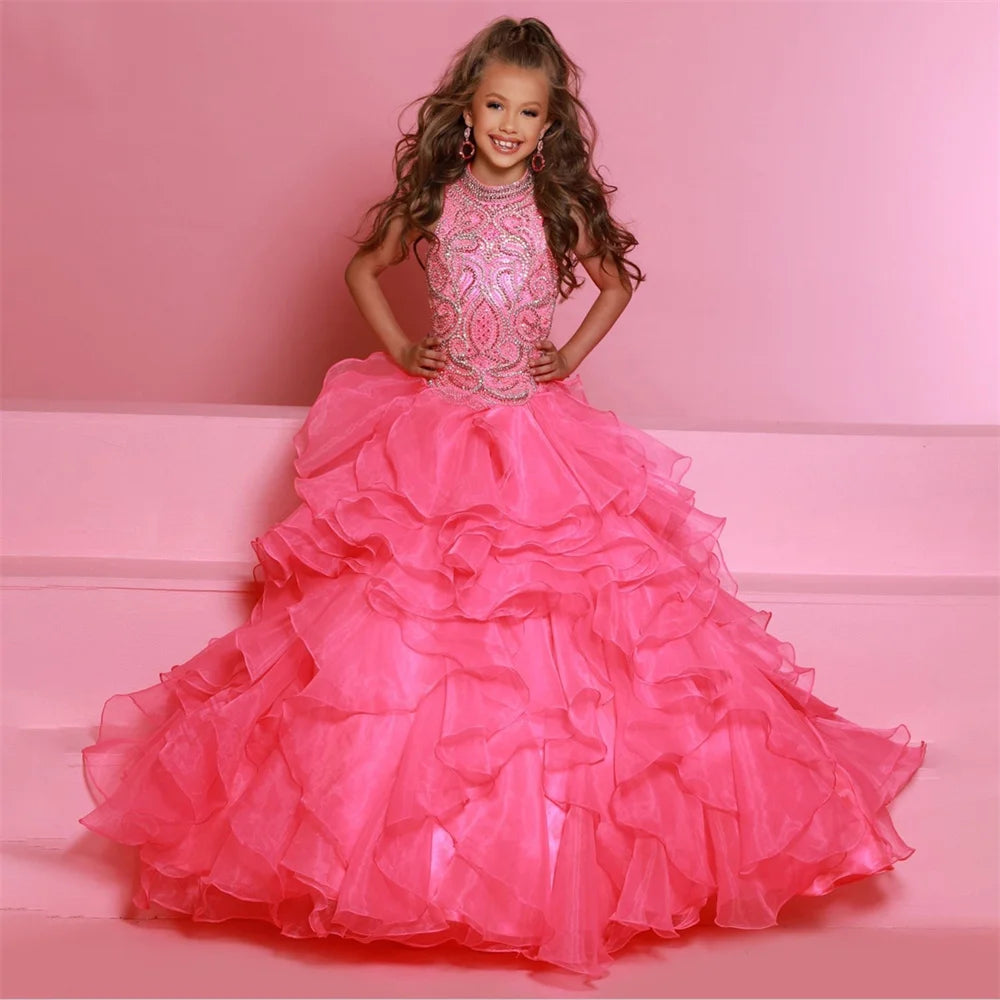 Pleat Elegant Applique Sequined Crystals Sleeveless Luxury Flower Girl Dress Floor Length First Communion Gown Customized 2025 - HER SHOP