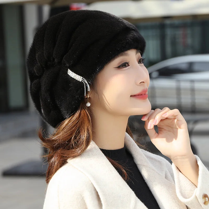 Whole Real Mink Fur Hat For Women's Caps Luxury Fashion Brand Real Fur Cap Christmas Hat Warm In Russian Winter Lady Fur Hat