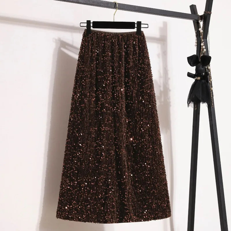 Sequin Elastic Waist A-Line Midi Skirt for Women – Casual Solid Color Summer Skirt