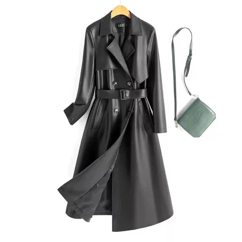 New Women Spring Autumn Split Leather Coat Fashion Turn-down Collar Double Breasted Leather Trench Elegant Long Female Coat