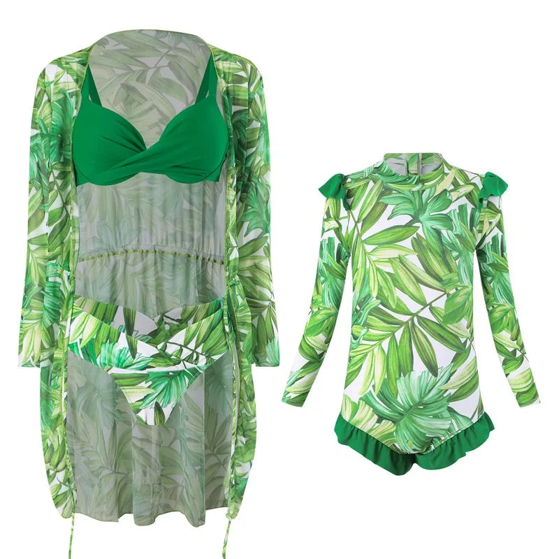 Leaf Print Swimwear Family Matching Outfits Look Mother Daughter Bikini Swimsuits Mommy and Me Clothes Dad Son Swimming Trunks