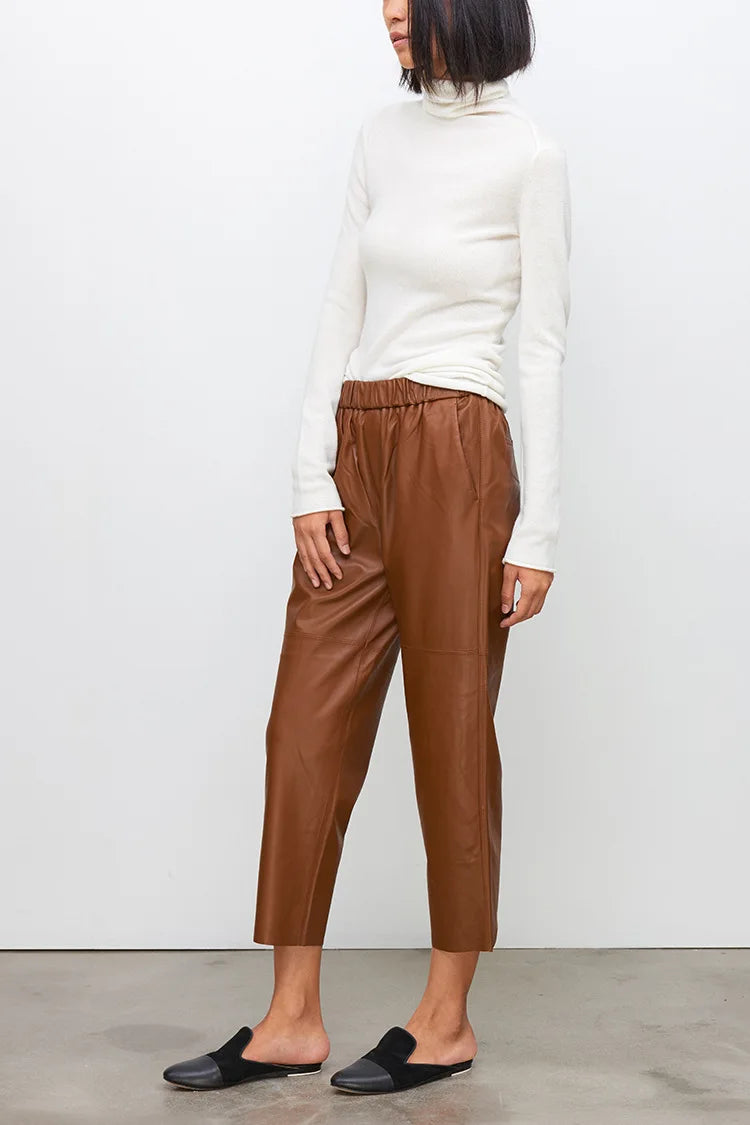 Women’s Genuine Sheepskin Leather Pants – High Waist Straight Fit Ankle-Length Trousers