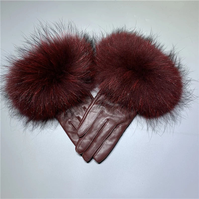 Luxury Fox Fur & Genuine Sheepskin Leather Gloves for Women – Winter Warm Driving Mittens with Real Fur Cuffs
