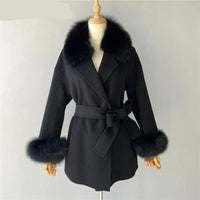 Women's Wool Coat with Real Fur - Elegant Medium-Length Cashmere Blend Coat for Autumn/Winter Fashion