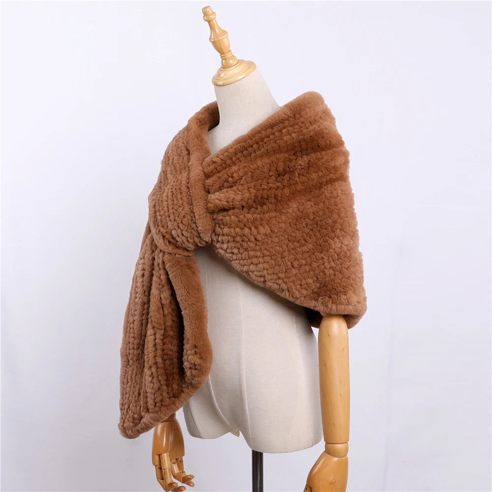 Luxury Hand Knitted Women’s Winter Rex Rabbit Fur Cape Shawl