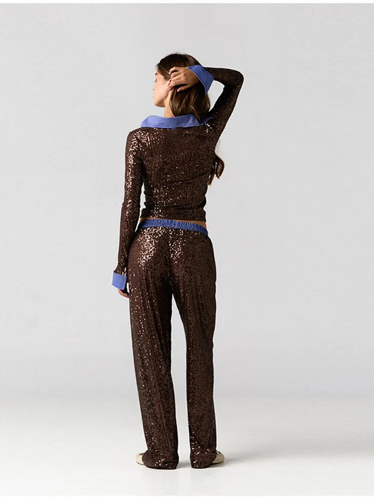 Women’s Premium Sequined Splicing Straight-Leg Pants – High-Waist Casual Commuter Trousers