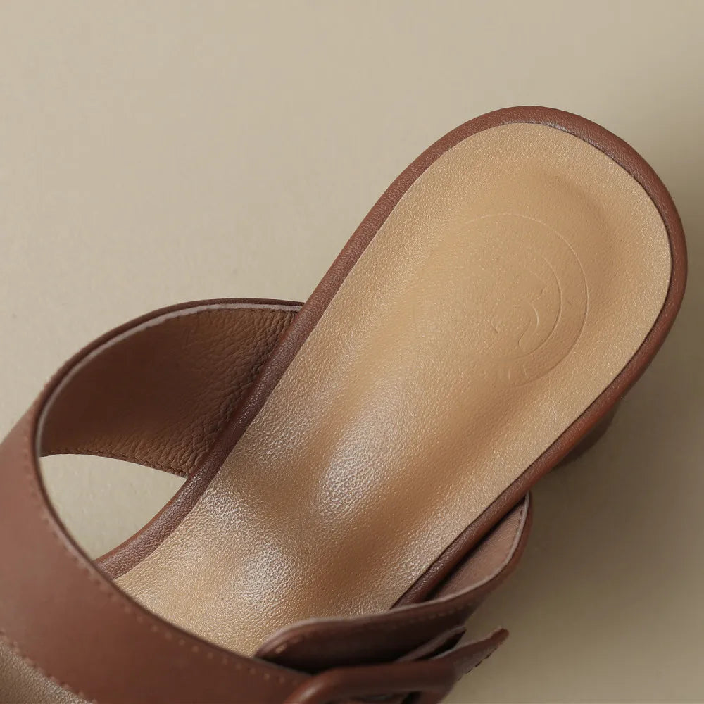 Women’s Cow Leather Slip-On Sandals – Double Metal Belt 5.5cm Chunky Heel Elegant Summer Slides