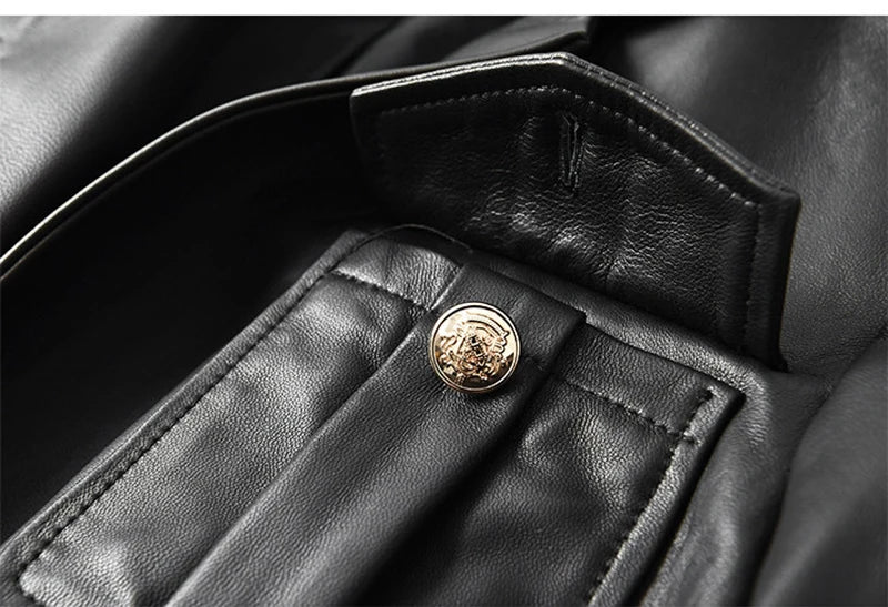 Women’s Genuine Sheepskin Leather Coat – Retro Belted Mid-Length Jacket with Gold Buckle, Suit Collar & Cargo Pockets