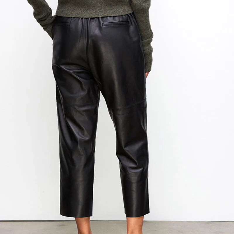 Women’s Genuine Sheepskin Leather Pants – High Waist Straight Fit Ankle-Length Trousers