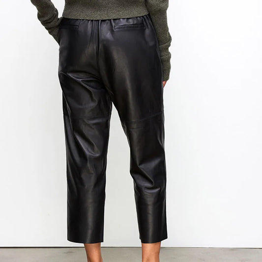 Women’s Genuine Sheepskin Leather Pants – High Waist Straight Fit Ankle-Length Trousers - HER SHOP