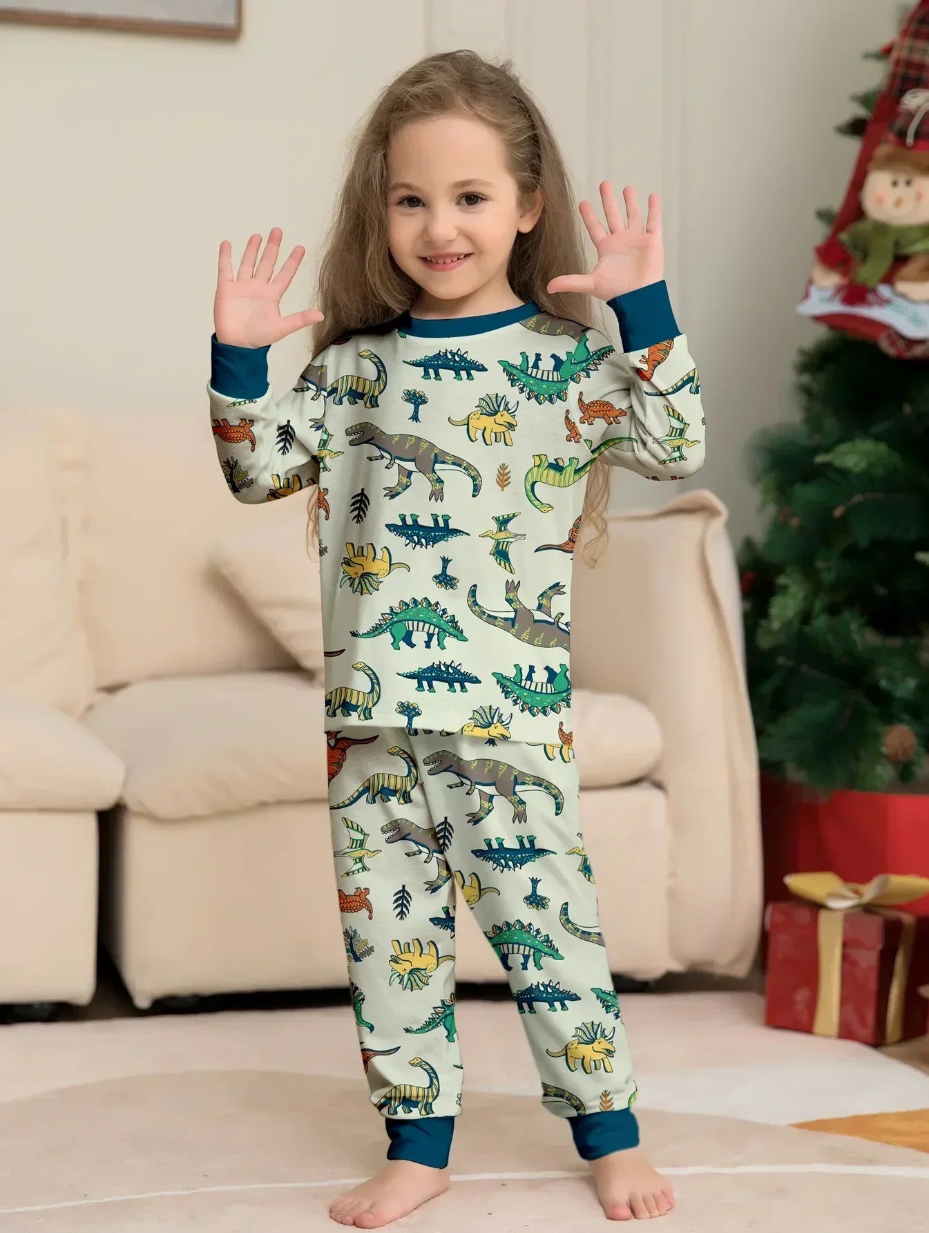 New 2025 Christmas Matching Outfits Dinosaur All Over Print Pajamas Set Mom Dad Kids 2 Pieces Suit Baby Romper Xmas Family Look