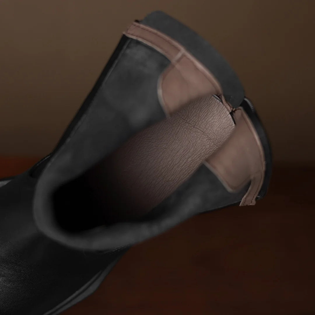 Women’s Genuine Leather Platform Ankle Boots with Chunky Heel – Round Toe Back Zip Punk Booties (8.5cm)