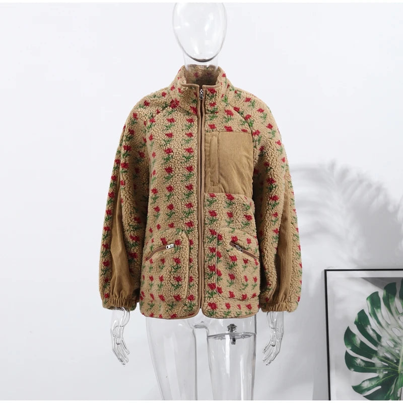 Retro Printed Plush Zipper Short Jacket Women Casual Loose High Neck Pocket Jackets Coat Lady 2025 Versatile Chic Street Outwear