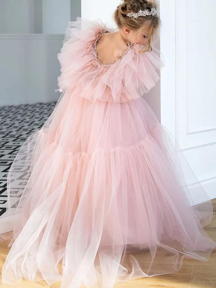 Light Pink Feather Flower Girl Dress - Tulle Puffy V-Back Princess Gown for Wedding, Birthday, First Communion