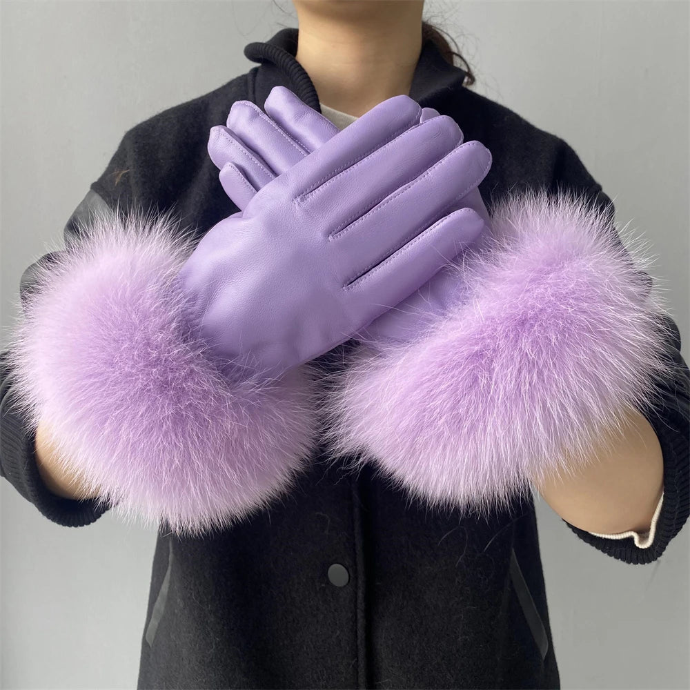 Luxury Fox Fur & Genuine Sheepskin Leather Gloves for Women – Winter Warm Driving Mittens with Real Fur Cuffs