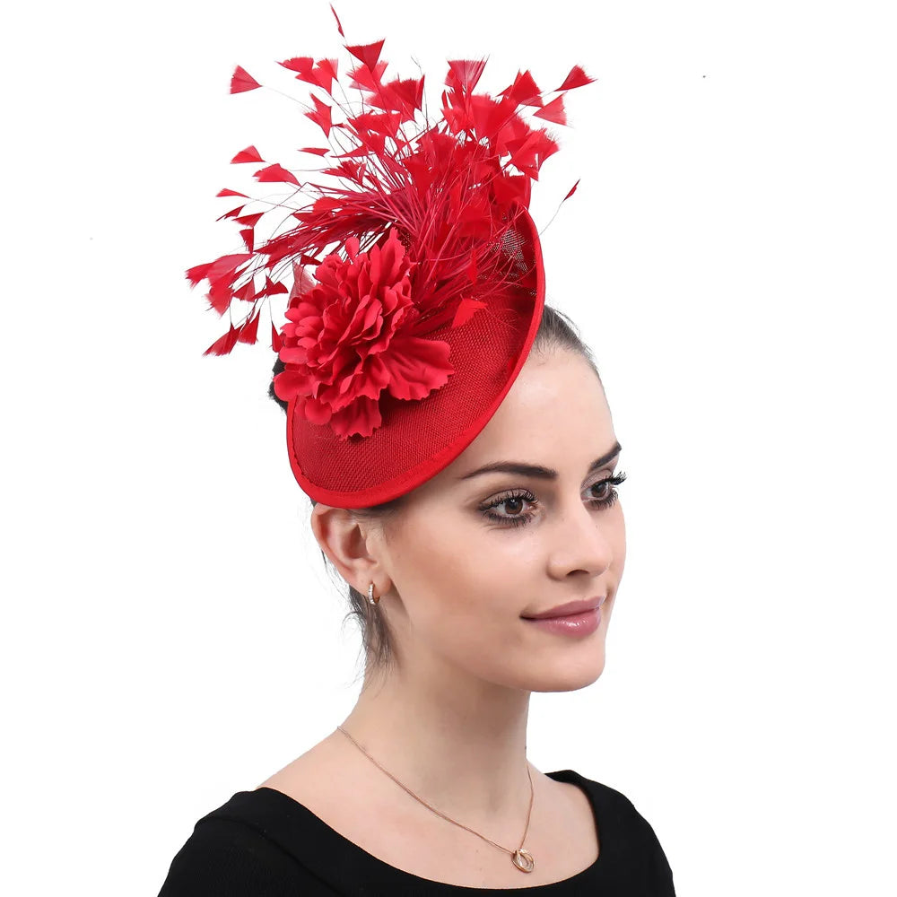 Red Feather Fascinator Chapeau for Women – Elegant Flower Headwear with Clip and Headband for Wedding, Derby & Tea Party - HER SHOP