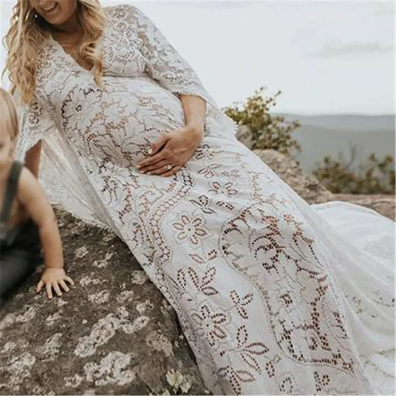 Maternity Lace V-Neck Long Dress â€“ Bohemian Batwing Sleeve Pregnancy Photoshoot Gown