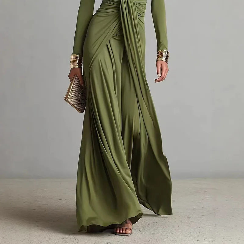 Women's Elegant Deep V-Neck Twist Knot Maxi Dress â€“ Long Sleeve Ruched Evening Gown