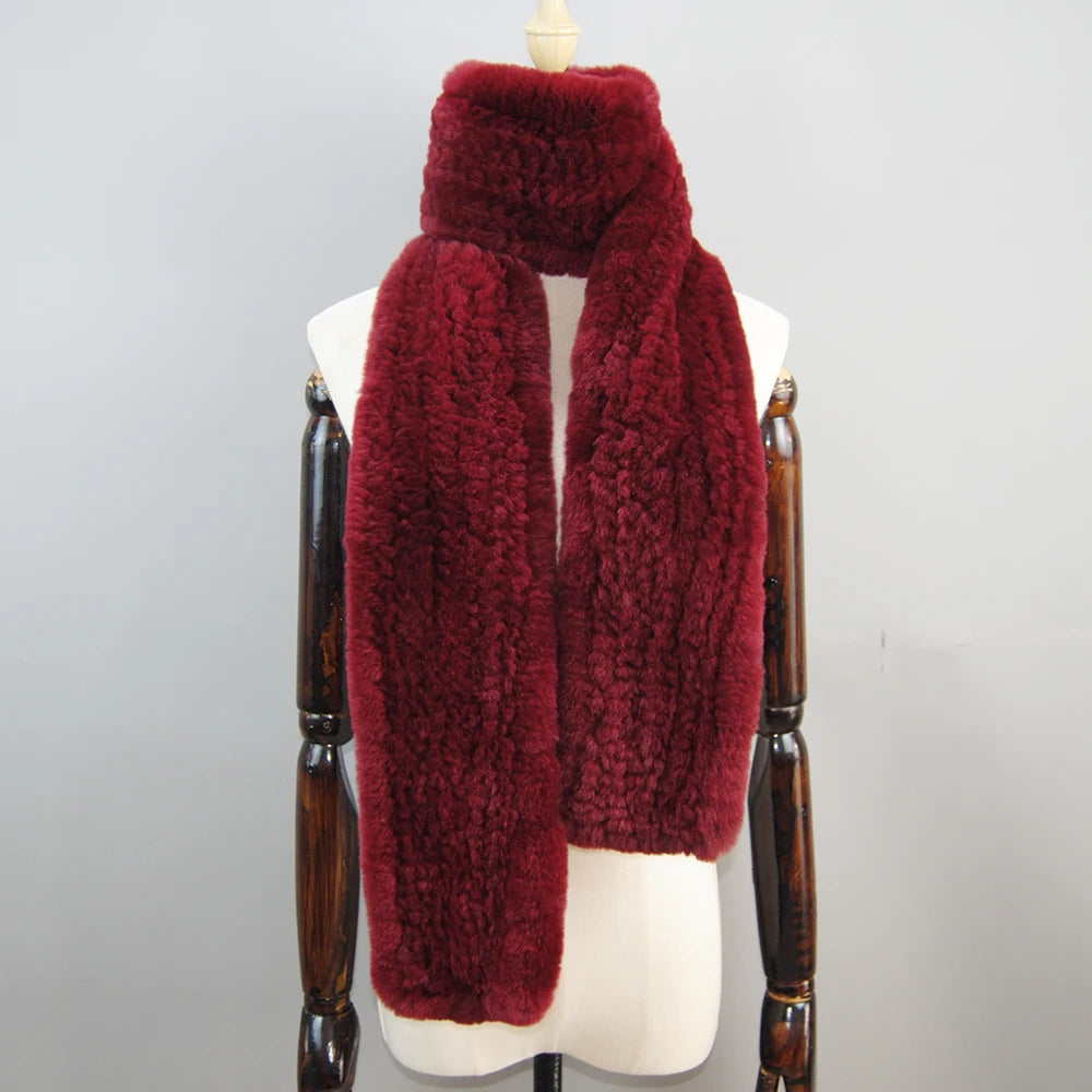 Long Style Genuine Rex Rabbit Fur Scarf– Women's Winter Knitted Ring Scarf & Luxury Muffler
