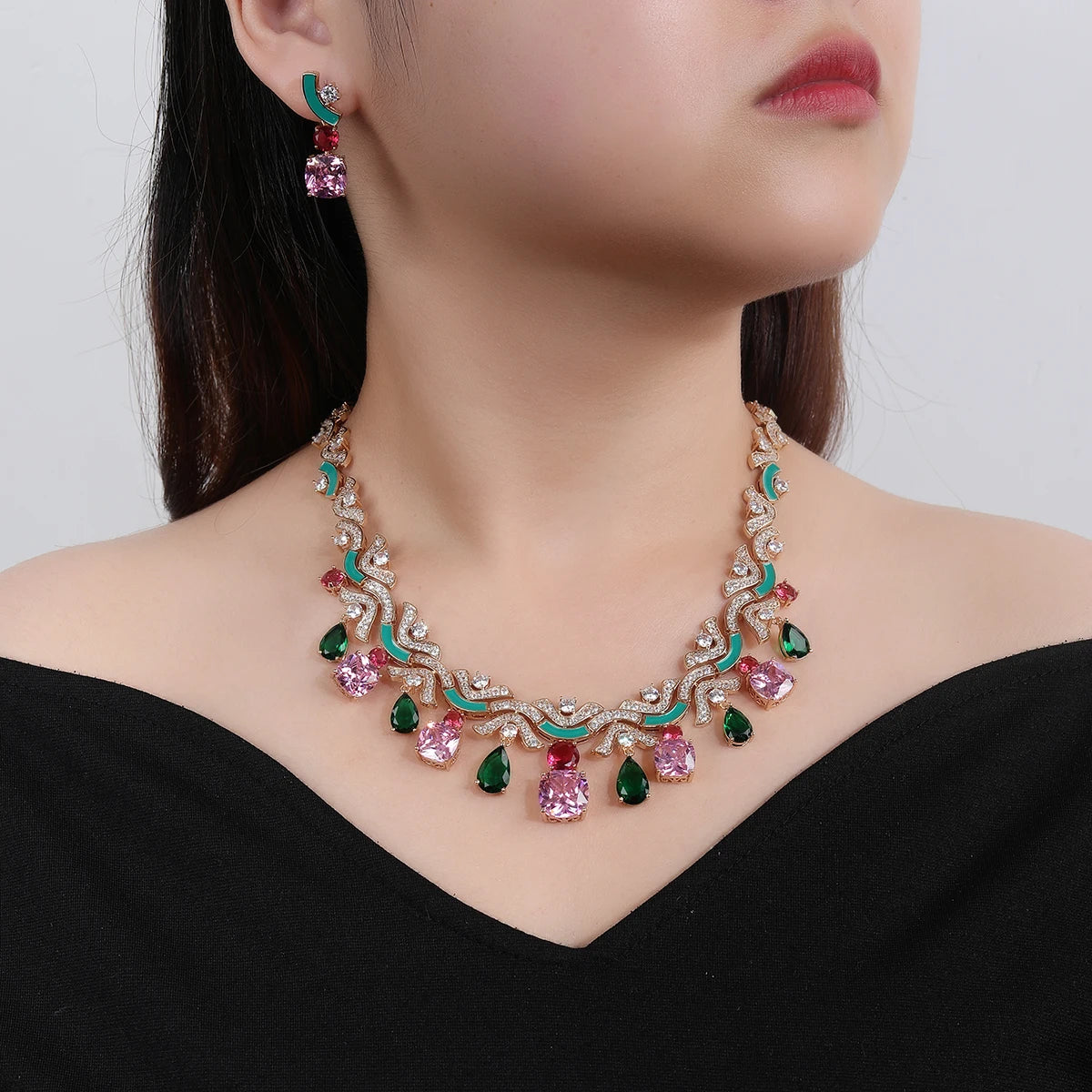Luxury Cubic Zirconia Jewelry Set White & Green Earrings and Necklace for Women | Bridal Wedding Jewelry Set
