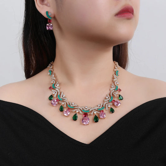 Luxury Cubic Zirconia Jewelry Set White & Green Earrings and Necklace for Women | Bridal Wedding Jewelry Set - HER SHOP