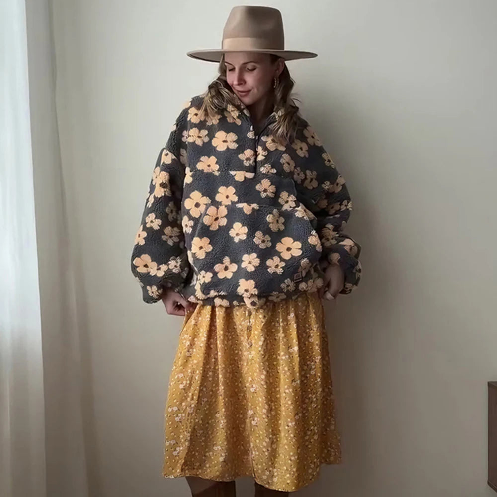 Fashion Print Contrast Pullover Oversized Zipper Knit Long-Sleeve Top  –  Casual, Warm Vintage Sweatshirt for Women, Perfect for Office Wear - HER SHOP