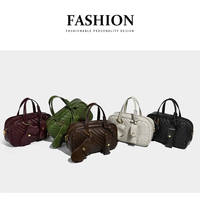 Women's Boston Bag 2025 Fall Winter New Woven Bowling Bag Unique Design Handheld Pack Trendy Light Luxury PU Leather Handbag