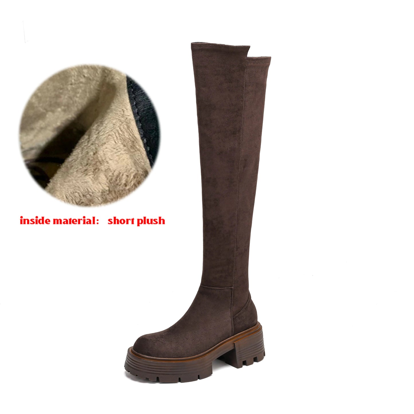 Flock Stretch Over-the-Knee Boots – Slip-On, Round Toe, Chunky High Heels, Elegant Modern Platform Style